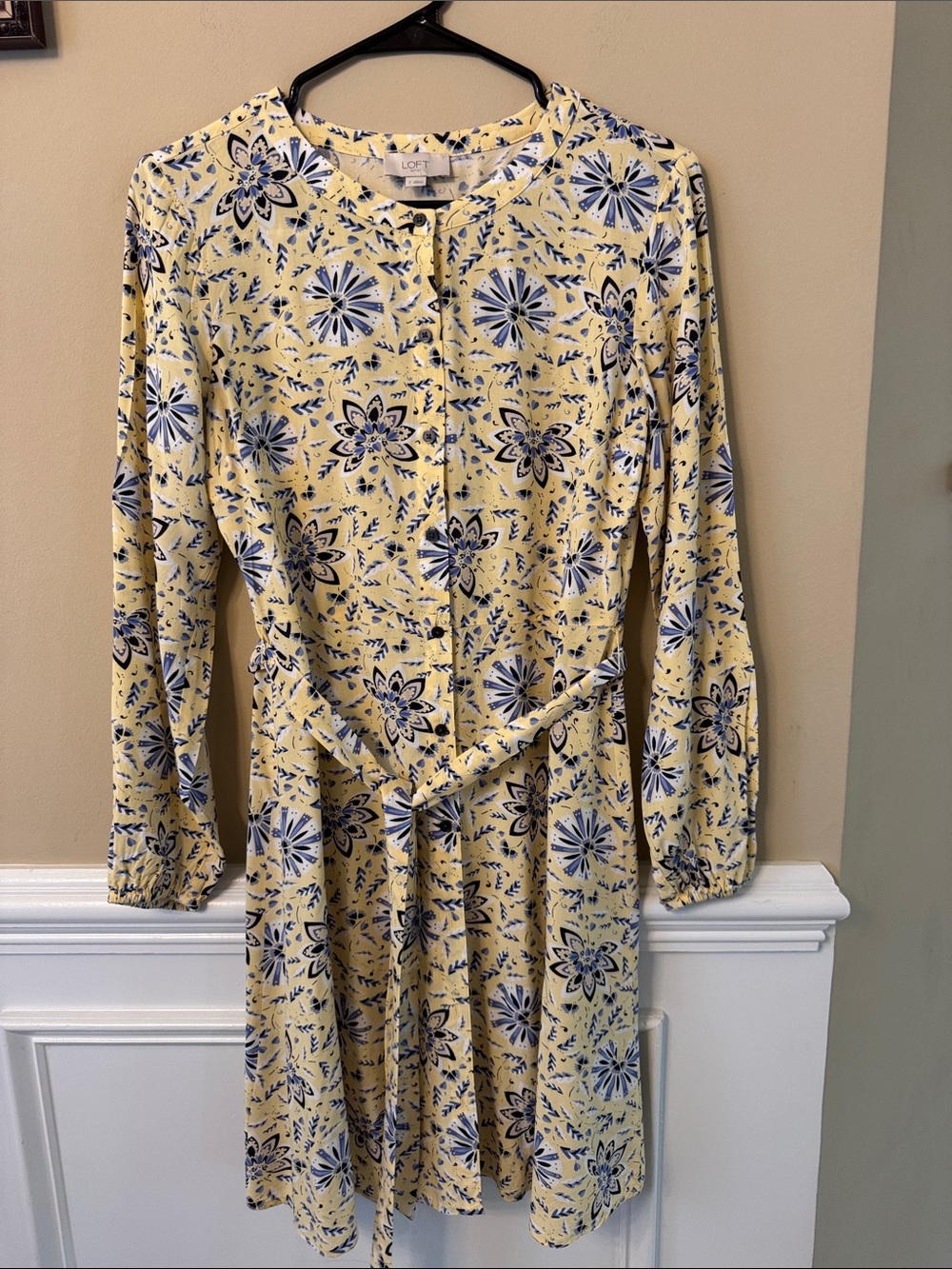 LOFT Yellow and Blue Floral Long-Sleeve Button-Front Dress with Tie Waist